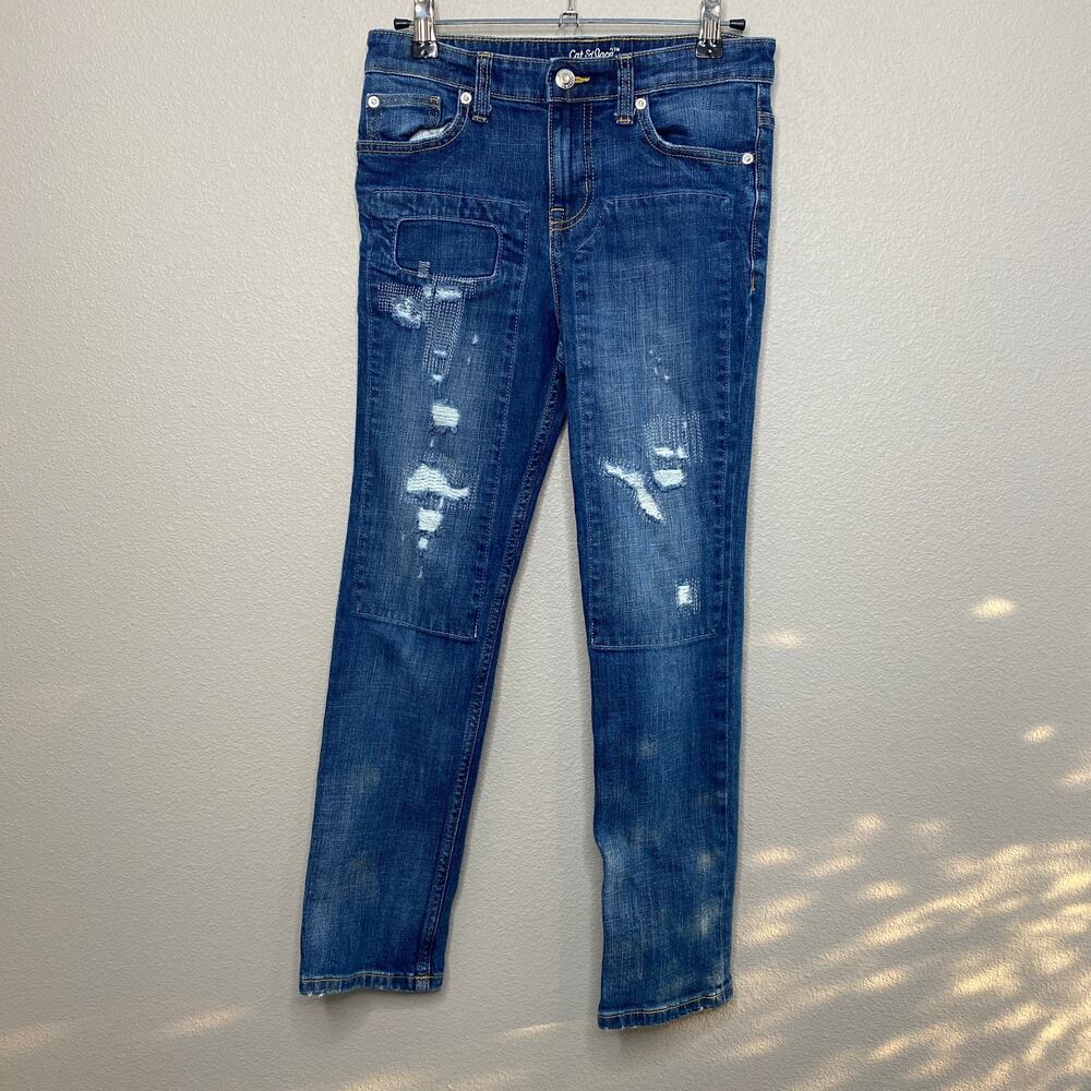 Cat & Jack Skinny Jeans Girls Size 12 Blue Distressed High Waisted Patch Denim